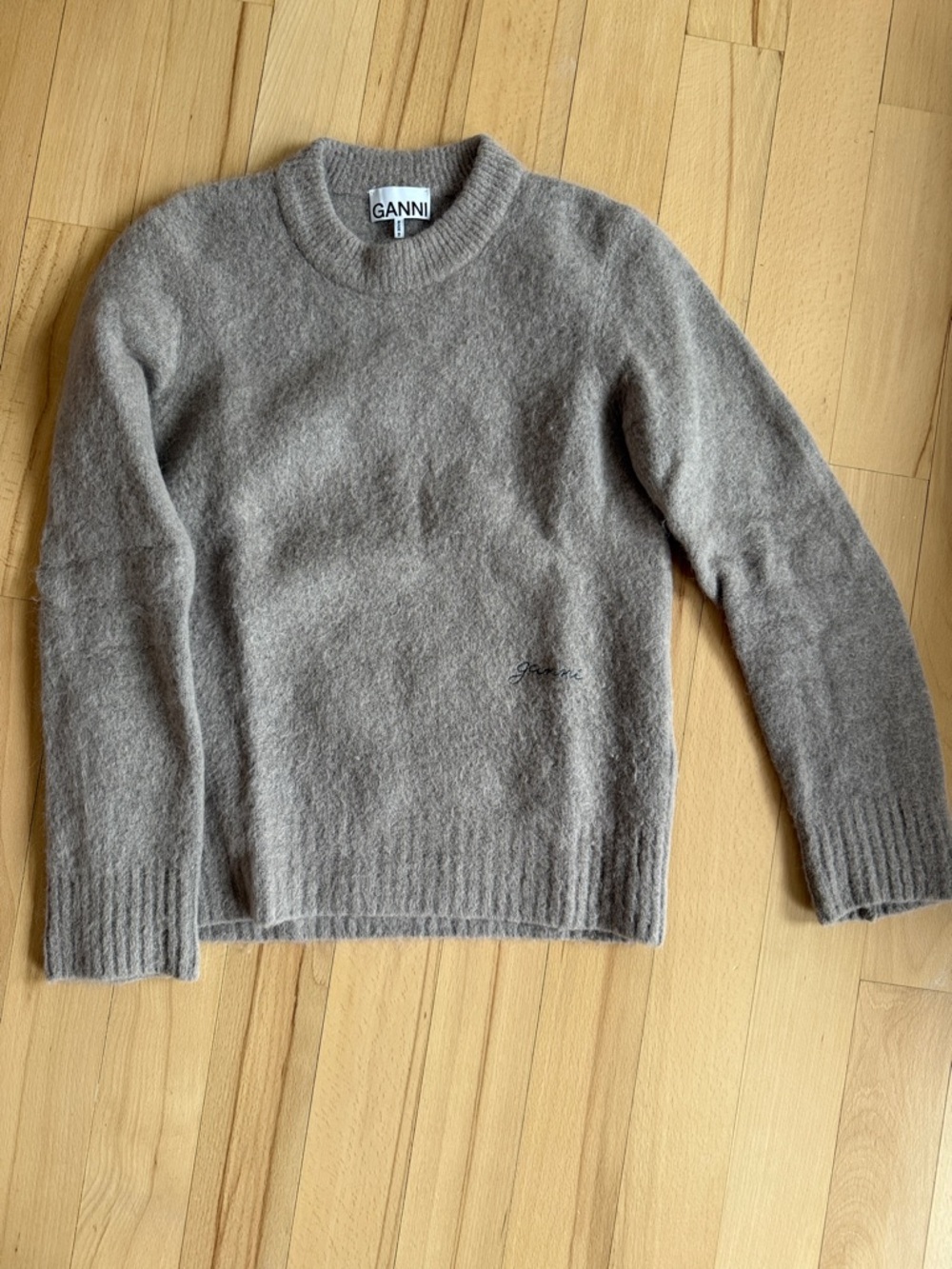 Ganni Taupe Wool Blend Crewneck Sweater